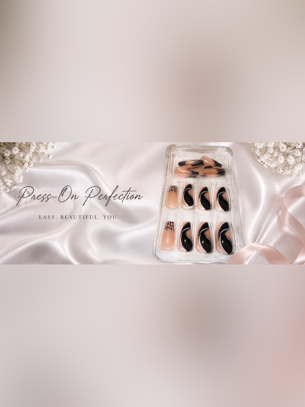 Press-On Nail Set in Peach & Black - Fashionable Ready-To-Wear Nails